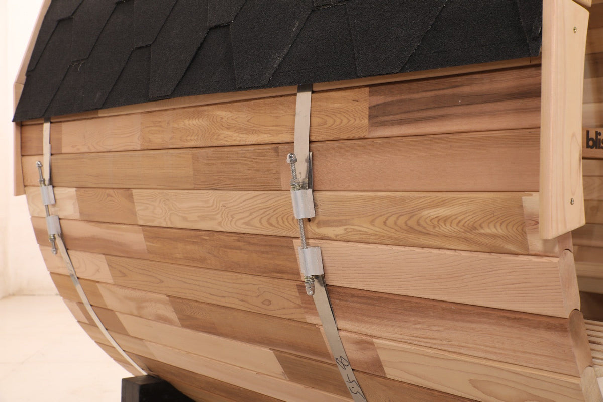 Blisspod, Prague, Canadian Red Cedar Outdoor Steam Barell Sauna, 2-4 / 4-6 persons with Full Glass Back & 2 front Porch seats