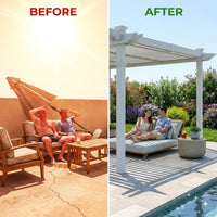 144"L X 144"W X 104"H Vinyl Camelot Louvered Pergola, White, VA42070 — Before & After