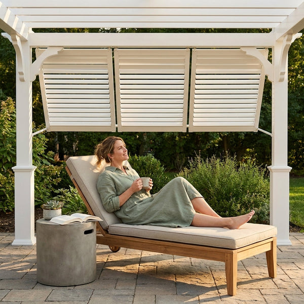 Outdoor Pergola Built for Year-Round Comfort, Adjustable Louver System, Weather-Resistant Vinyl, 12x12 Feet