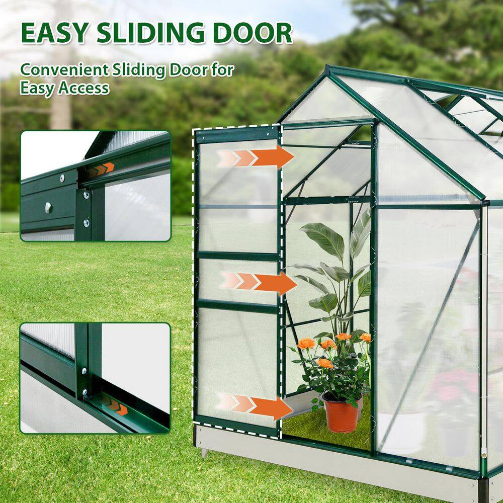 6Ft.X 10Ft.X 7Ft. Walk-In Polycarbonate Greenhouses for Gardening Plants with Vent Sliding Door Drainage PC Panel, Green