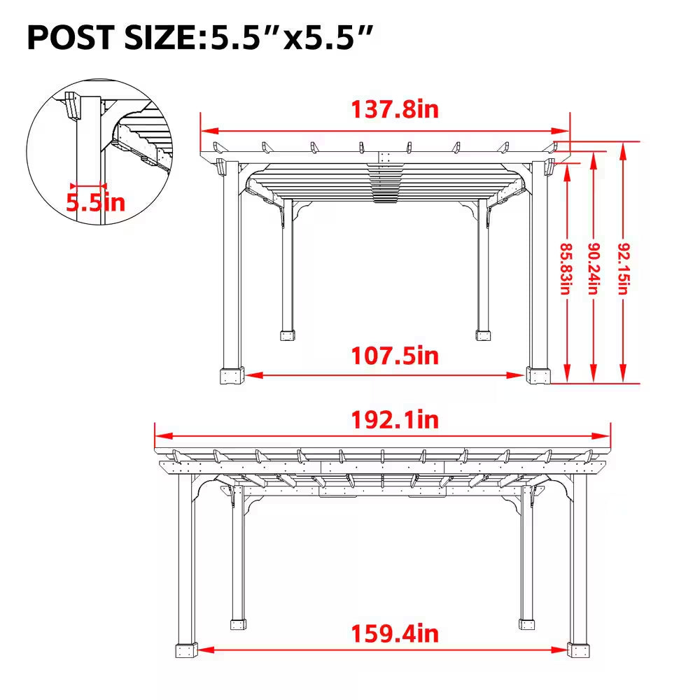 16 Ft. W X 12 Ft. D Cedar Wood Patio Pergola Shade Structure for Outdoor, Brown