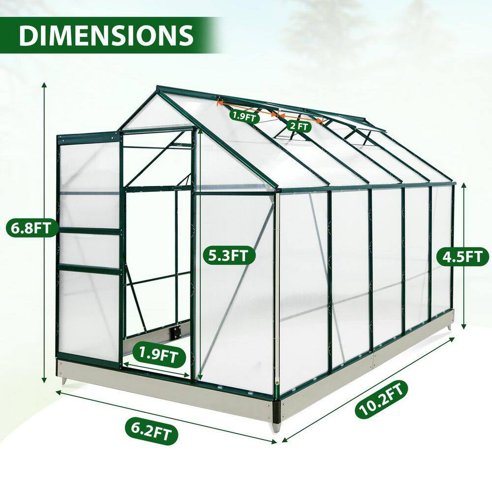 6Ft.X 10Ft.X 7Ft. Walk-In Polycarbonate Greenhouses for Gardening Plants with Vent Sliding Door Drainage PC Panel, Green