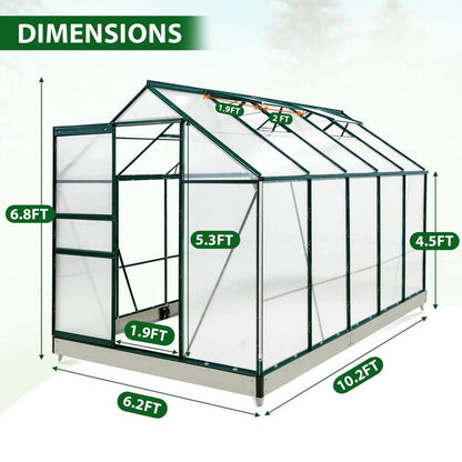 6Ft.X 10Ft.X 7Ft. Walk-In Polycarbonate Greenhouses for Gardening Plants with Vent Sliding Door Drainage PC Panel, Green