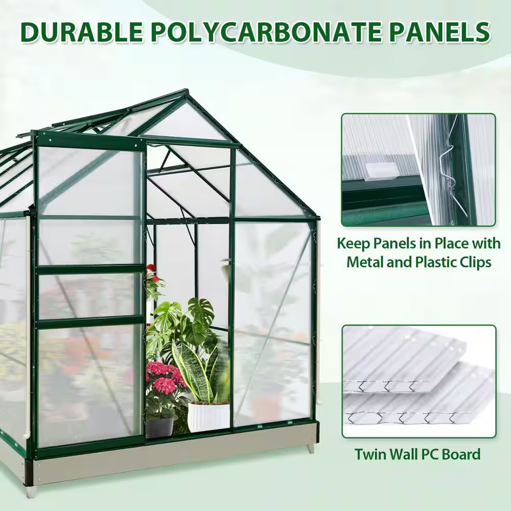 6Ft.X 10Ft.X 7Ft. Walk-In Polycarbonate Greenhouses for Gardening Plants with Vent Sliding Door Drainage PC Panel, Green