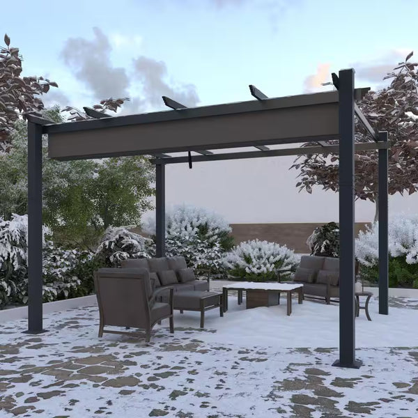 13 Ft. X 10 Ft. Aluminum Outdoor Patio Pergola with Retractable Canopy in Dark Gray