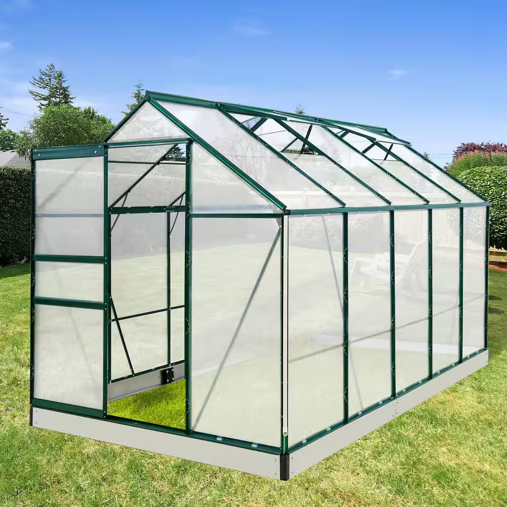 6Ft.X 10Ft.X 7Ft. Walk-In Polycarbonate Greenhouses for Gardening Plants with Vent Sliding Door Drainage PC Panel, Green