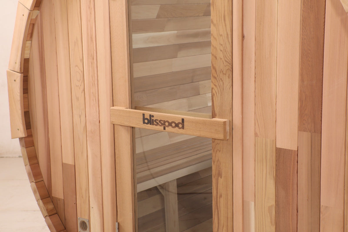 Blisspod, Prague, Canadian Red Cedar Outdoor Steam Barell Sauna, 2-4 / 4-6 persons with Full Glass Back & 2 front Porch seats