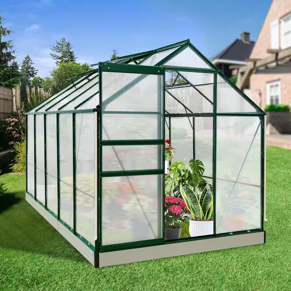 6Ft.X 10Ft.X 7Ft. Walk-In Polycarbonate Greenhouses for Gardening Plants with Vent Sliding Door Drainage PC Panel, Green