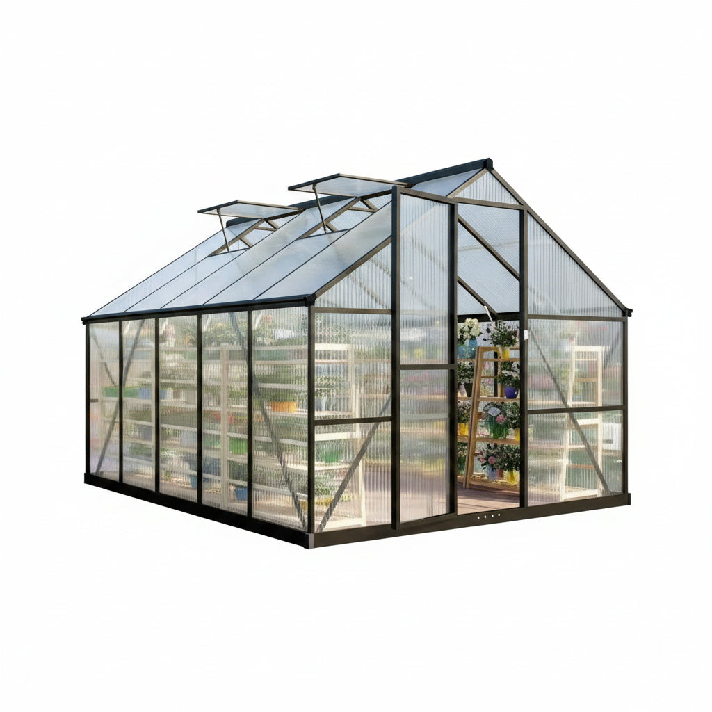 8 X 10 FT Outdoor Polycarbonate Greenhouse, Charcoal Black | Large Walk-In Interior, Reinforced Aluminum Frame, Double-Wall PC Panels, Two Roof Vents and Rain Gutters Help Plants Thrive