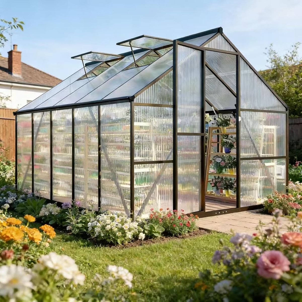 8 X 10 FT Outdoor Polycarbonate Greenhouse, Charcoal Black | Large Walk-In Interior, Reinforced Aluminum Frame, Double-Wall PC Panels, Two Roof Vents and Rain Gutters Help Plants Thrive