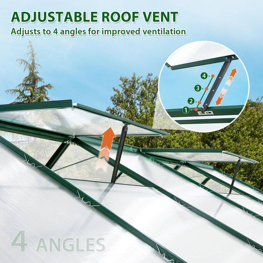 6Ft.X 10Ft.X 7Ft. Walk-In Polycarbonate Greenhouses for Gardening Plants with Vent Sliding Door Drainage PC Panel, Green