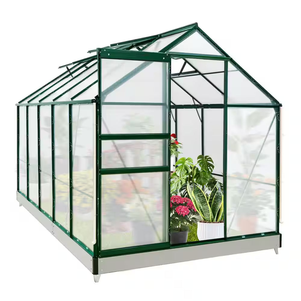 6Ft.X 10Ft.X 7Ft. Walk-In Polycarbonate Greenhouses for Gardening Plants with Vent Sliding Door Drainage PC Panel, Green