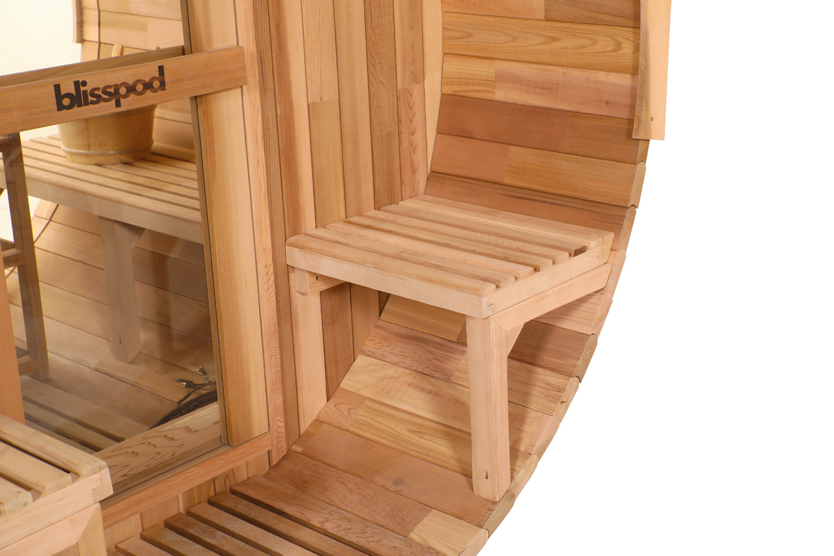 Blisspod, Prague, Canadian Red Cedar Outdoor Steam Barell Sauna, 2-4 / 4-6 persons with Full Glass Back & 2 front Porch seats