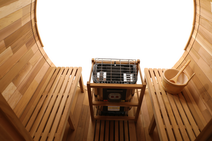 Blisspod, Prague, Canadian Red Cedar Outdoor Steam Barell Sauna, 2-4 / 4-6 persons with Full Glass Back & 2 front Porch seats