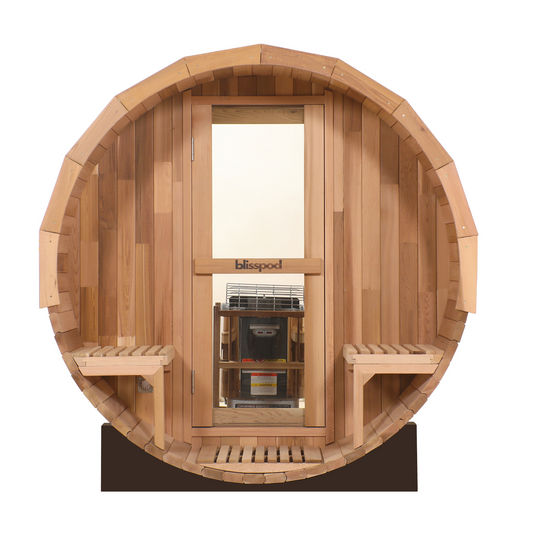 Blisspod, Prague, Canadian Red Cedar Outdoor Steam Barell Sauna, 2-4 / 4-6 persons with Full Glass Back & 2 front Porch seats