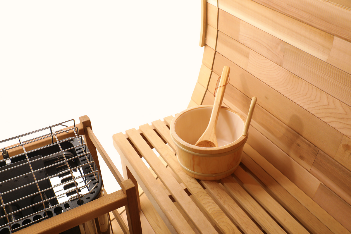 Blisspod, Prague, Canadian Red Cedar Outdoor Steam Barell Sauna, 2-4 / 4-6 persons with Full Glass Back & 2 front Porch seats