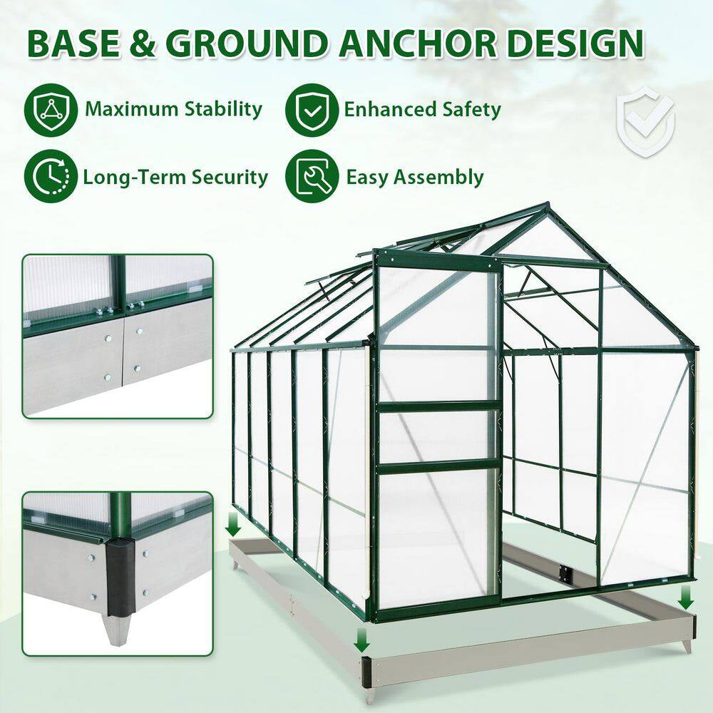 6Ft.X 10Ft.X 7Ft. Walk-In Polycarbonate Greenhouses for Gardening Plants with Vent Sliding Door Drainage PC Panel, Green