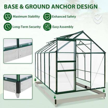 6Ft.X 10Ft.X 7Ft. Walk-In Polycarbonate Greenhouses for Gardening Plants with Vent Sliding Door Drainage PC Panel, Green