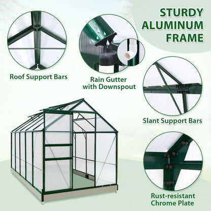 6Ft.X 10Ft.X 7Ft. Walk-In Polycarbonate Greenhouses for Gardening Plants with Vent Sliding Door Drainage PC Panel, Green