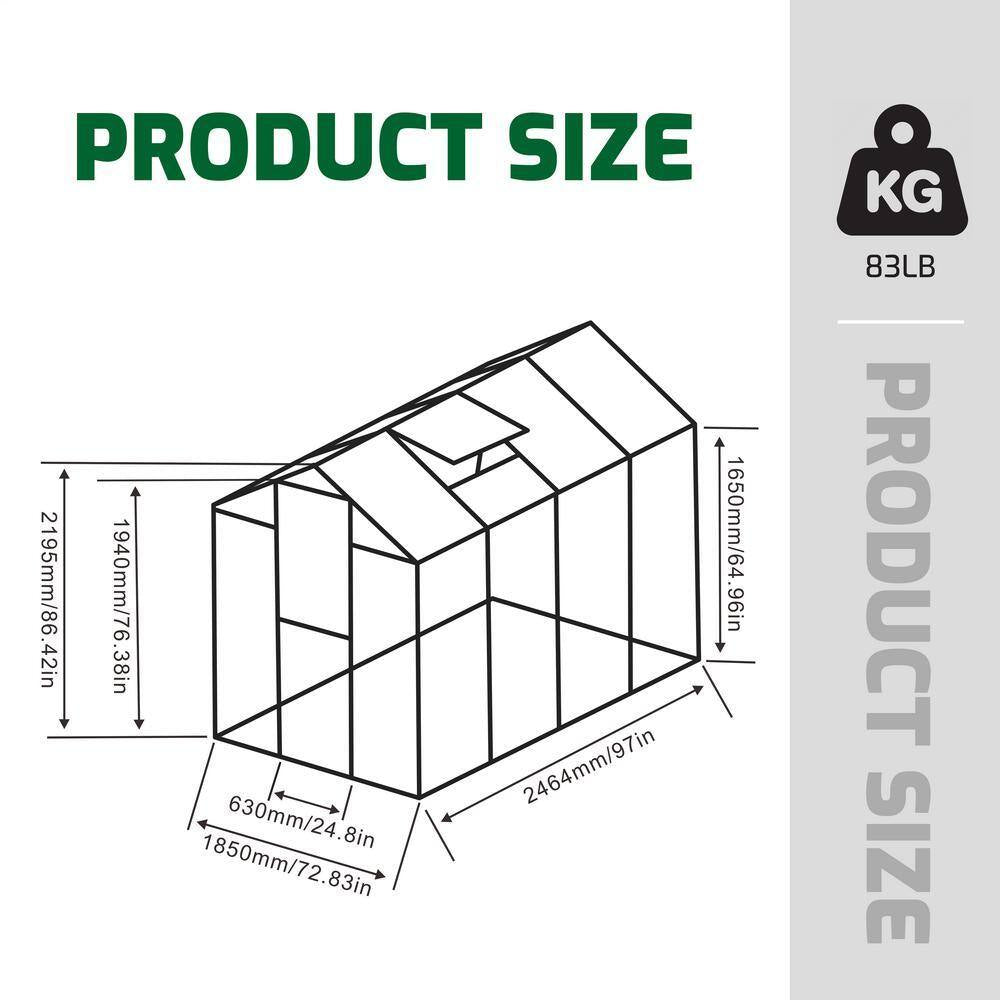 72.83 In. W X 97 In. D X 86.42 In. H Polycarbonate Raised Base and Anchor Aluminum Heavy Duty Walk-In Greenhouse